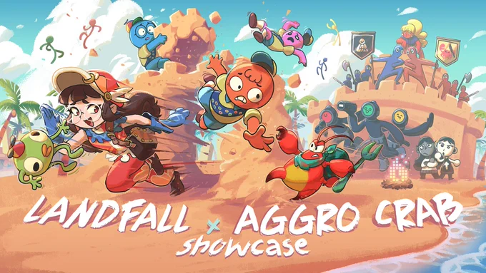 artpiece with the text LANDFALL X AGGRO CRAB SHOWCASE. Image depicts a variety of characters from both studios games. Peak scouts, Haste characters, Bing Bong, Content warning, going under and subway midnight. 