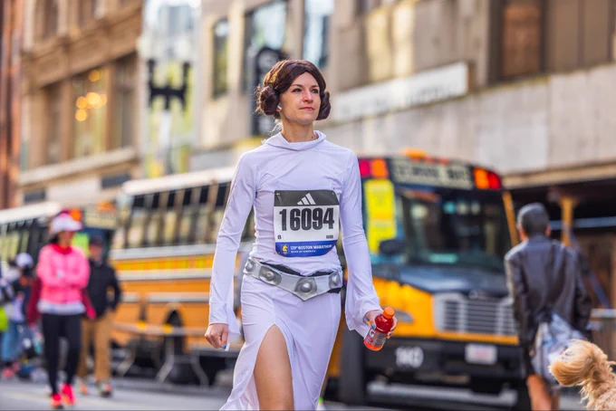 Photo of a Boston Marathon participant dressed as Princess Leia