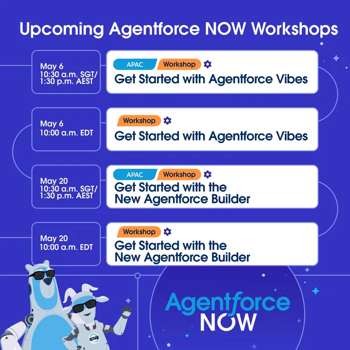 Upcoming Agentforce NOW Workshops schedule. May 6, "Get Started with Agentforce Vibes" at 6:30 a.m. SGT and 1:30 p.m. AEST, and 10:00 a.m. EDT. May 20, "Get Started with the New Agentforce Builder" at 10:00 a.m. SGT and 1:30 p.m. AEST, and 10:00 a.m. EDT. Playful Agent Astro and Agent Codey in the background. 
