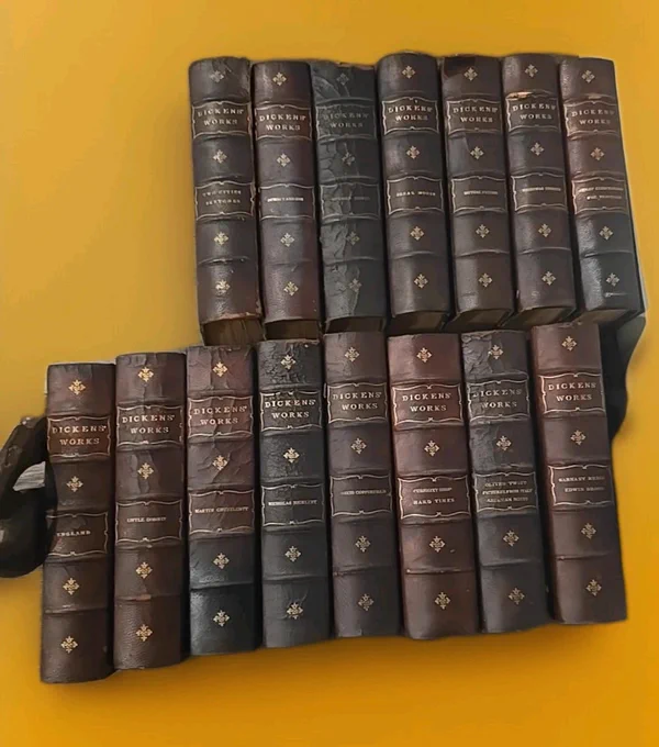 Antique Charles Dickens Leather Bound Book Set - 15 Volumes 1899 illustrated