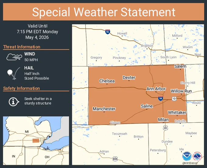 This graphic displays a special weather statement plotted on a map. The statement is in effect until 7:15 PM EDT.  The statement includes Ann Arbor MI, Ypsilanti MI and  Saline MI.  STRONG THUNDERSTORMS WILL IMPACT WASHTENAW COUNTY THROUGH 715 PM EDT. The threats associated with this storm are wind gusts up to 50 MPH and half inch sized hail. Seek shelter in a sturdy structure until the storm passes.