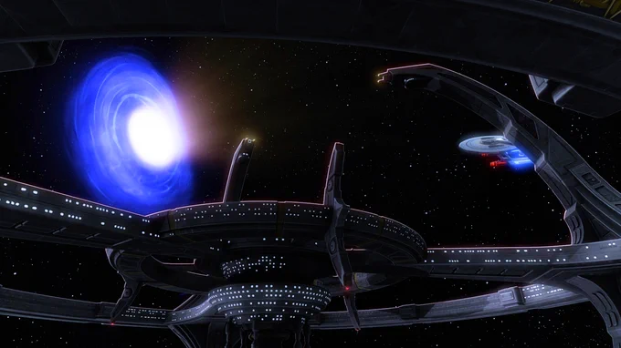 The wormhole behind the Deep Space 9 station with the USS Cerritos saucer emerging from behind a pylon from Star Trek Lower Decks