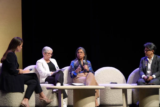 Binaifer Nowrojee speaks during a plenary session at Women Deliver 2026.