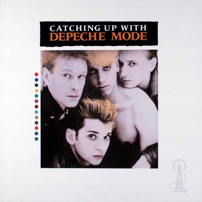 Promotional image from 1985 showing Depeche Mode during the “Catching Up With Depeche Mode” era, featuring Dave Gahan, Martin Gore, Alan Wilder and Andy Fletcher in a stylised studio portrait with bold colour accents and classic mid-80s synth-pop aesthetic.