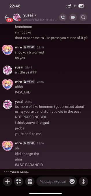 You can see that Yusai is telling Wires about the tumblr ansk and says he feels pressured because he has Wires’ art as his profile picture, and people keep telling him that Wires is a weirdo. But he ultimately decides to say that Wires has changed and is cool.