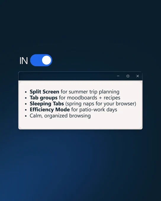 A graphic labeled “IN” with a blue toggle switched on. Below it is an illustrated browser window containing a list of features and habits considered “in” for May: Split Screen for summer trip planning, Tab Groups for moodboards and recipes, Sleeping Tabs described as “spring naps for your browser,” Efficiency Mode for patio‑work days, and an overall theme of calm, organized browsing. 