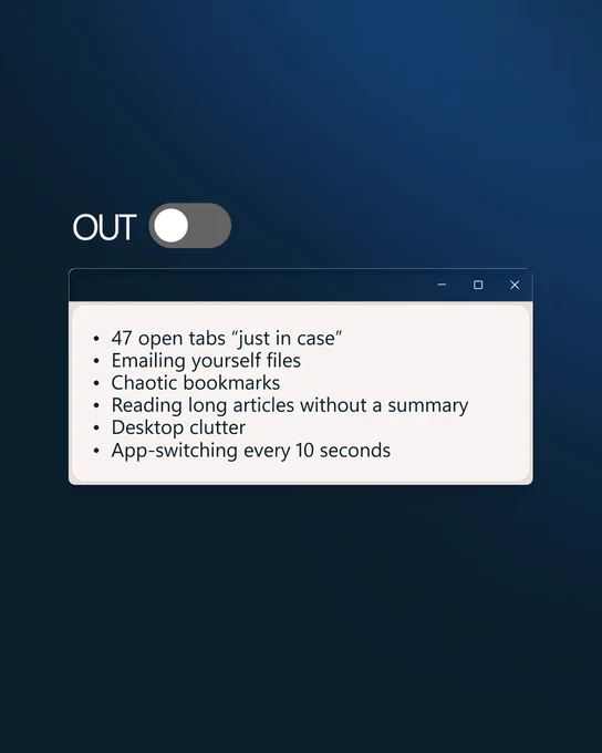 A graphic labeled “OUT” with a gray toggle switched off. Below it is an illustrated browser window listing browsing habits that are “out”: keeping 47 open tabs “just in case,” emailing yourself files, chaotic bookmarks, reading long articles without a summary, desktop clutter, and switching between apps every few seconds. 