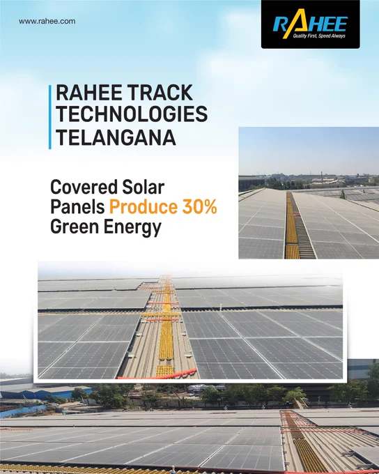 Solar panels covering the roofs of Rahee Track Technologies in Telangana. Text: Covered Solar Panels Produce 30% Green Energy. #RenewableEnergy #Telangana