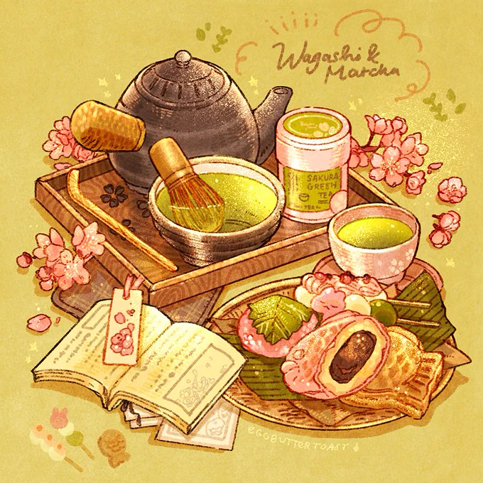 An illustration depicting spring season, with matcha as the main theme. it has matcha, and some matcha themed wagashi and dessert on it. 