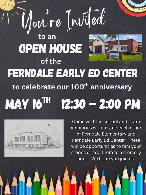 Black background with white text, inviting guests to an open house. Includes a photo of the building and a pencil drawing of another building.