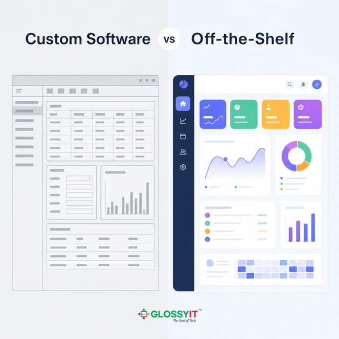 Split layout design. Left side shows rigid, boxed generic software UI in grey tone. Right side shows flexible, modern colorful dashboard. Clean divider in middle. Minimal corporate style.