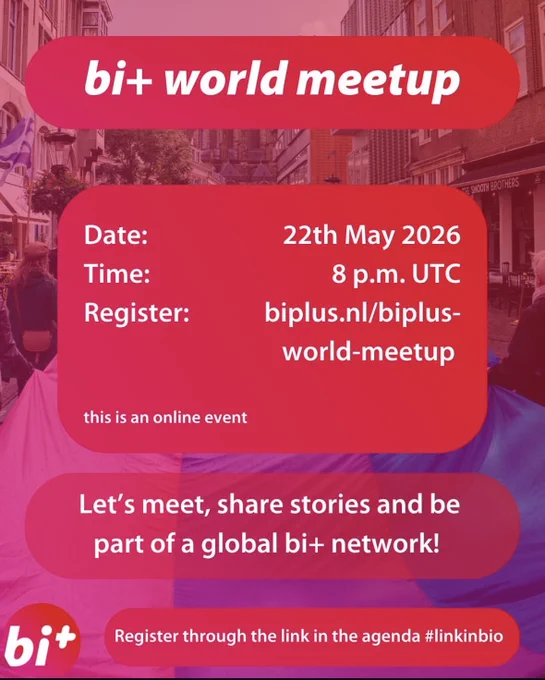 Event details for the bi  world meetup. Text states the date is May 22nd, 2026, at 8 p.m. UTC. It includes the registration link (biplus.nl/biplus-world-meetup) and specifies that it is an online event for sharing stories and building a global network.