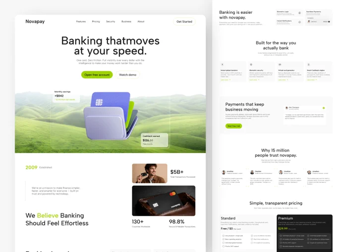 Fintech Landing Page Design 

A clean, modern Fintech Landing Page Design for a seamless digital banking experience. Focused on simplicity, speed, and user trust, it combines a minimal layout with premium visuals.

Built with clear hierarchy, smart spacing, and conversion-focused UI perfect for fintech startups, digital banking platforms, and SaaS products.

AVAILABLE FOR NEW PROJECT
Feel free to mail me: efatuix@gmail.com
📞 Whatsapp:  8801409008486. 

#fintechwebdesign #modernlandingpage #fintechwebsite #finance #saas #digitalbanking #landingpage #webdesign #fintech #financialservice