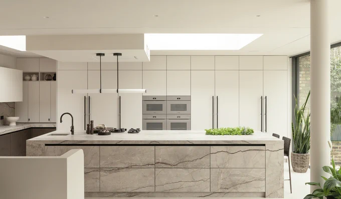 Marazzi stone-effect kitchen island with veining details in neutral, minimalist kitchen