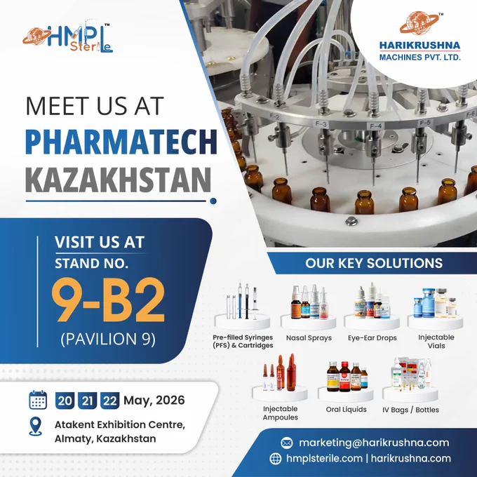 We are pleased to announce our participation in PharmaTECH Kazakhstan 2026.

HMPL Sterile, a Division of Harikrushna Machines Pvt. Ltd., will showcase advanced aseptic fill-finish and liquid processing solutions designed for precision, compliance, and performance.

📅 20–22 May 2026
📌 Stand 9-B2, Pavilion 9
📍 Atakent Exhibition Centre, Almaty, Kazakhstan

Join us to explore innovative technologies that enhance efficiency, ensure sterility, and support scalable pharmaceutical manufacturing.

We look forward to connecting with industry professionals and partners in Kazakhstan.

Learn more: https://bit.ly/4n8U07o.
Pre-Register Now: https://bit.ly/3OHoUah

#HMPL #HMPLSterile #HarikrushnaMachines #Pharmaceutical #Pharma #PackagingMachinery #ProcessingPlants #PharmaTECH #PharmaTECHKazakhstan2026 #Kazakhstan2026 #AsepticFilling