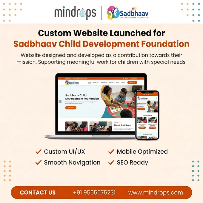 Mindrops announces building a website for Sadbhaav Foundation to support autistic and neurodiverse children, with website and donation links included.