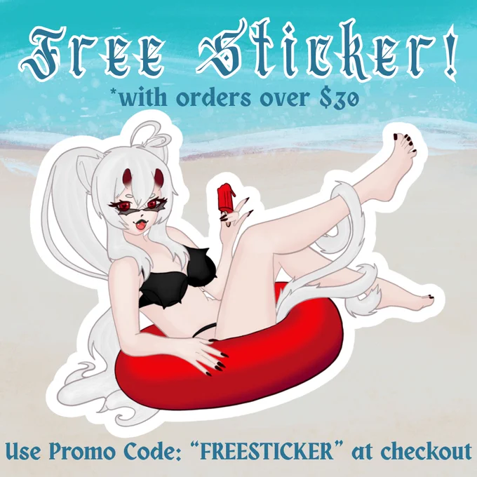Merch drop promo for a free sticker with promo code FREESTICKER with a $30 purchase.