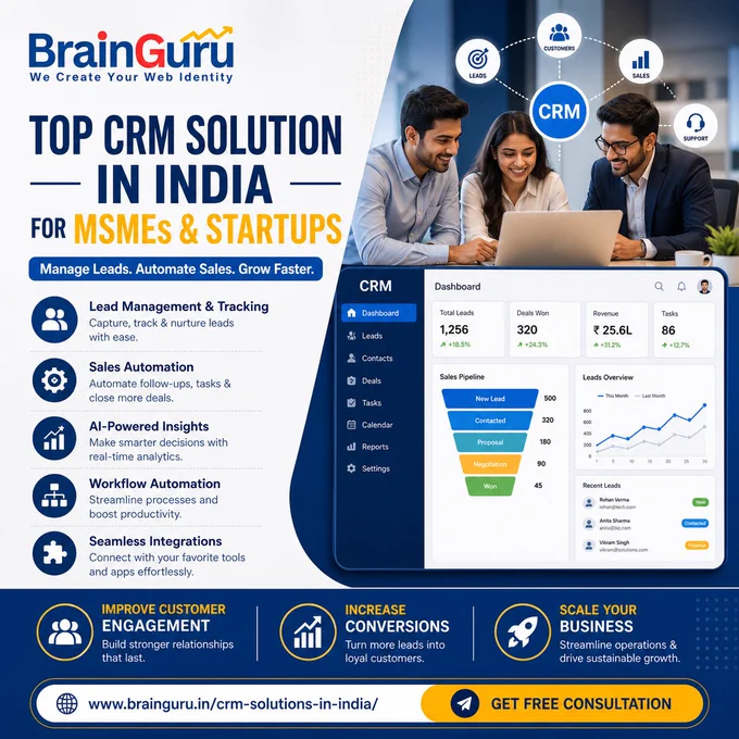 Looking for the 𝗯𝗲𝘀𝘁 𝗖𝗥𝗠 𝘀𝗼𝗹𝘂𝘁𝗶𝗼𝗻 𝗶𝗻 𝗜𝗻𝗱𝗶𝗮 for your startup or MSME?

Streamline your sales, automate workflows, and boost customer engagement with BrainGuru’s smart CRM solutions. 
Start managing leads smarter and growing faster today!

🔗 https://www.brainguru.in/crm-solutions-in-india/
𝗖𝗮𝗹𝗹 -  𝟵𝟭𝟴𝟬𝟭𝟬𝟬𝟭𝟬𝟬𝟬𝟬

#CRM #CRMSolutions #IndiaBusiness #MSME #StartupsIndia #SalesAutomation #LeadManagement #CustomerEngagement #BusinessGrowth #DigitalTransformation #Automation #SaaS #TechForBusiness #StartupGrowth #BrainGuru #MakeInIndia #Entrepreneurship #B2B #SmallBusinessIndia #BusinessTools