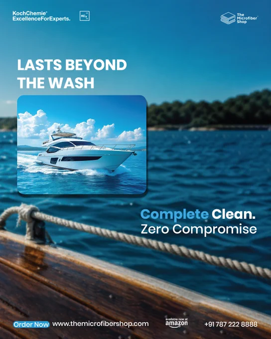 Luxury yacht cruising on clear blue water, representing long-lasting cleaning performance and protection. Visual emphasizes complete cleaning results with a multi-purpose cleaner for marine and automotive surfaces.