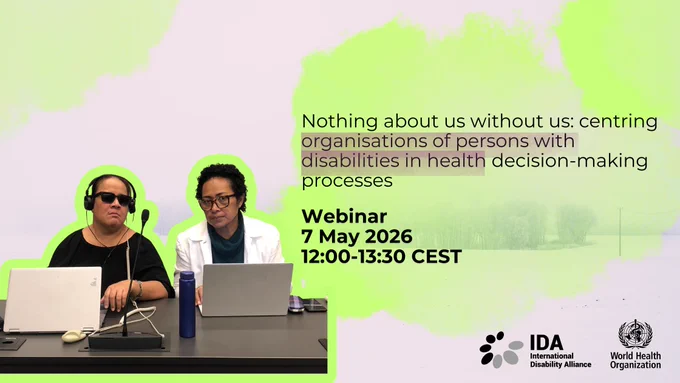 Nothing about us without us: centring organisations of persons with disabilities in health decision-making processes. A woman with vision impairment speaking in a meeting next to her PA