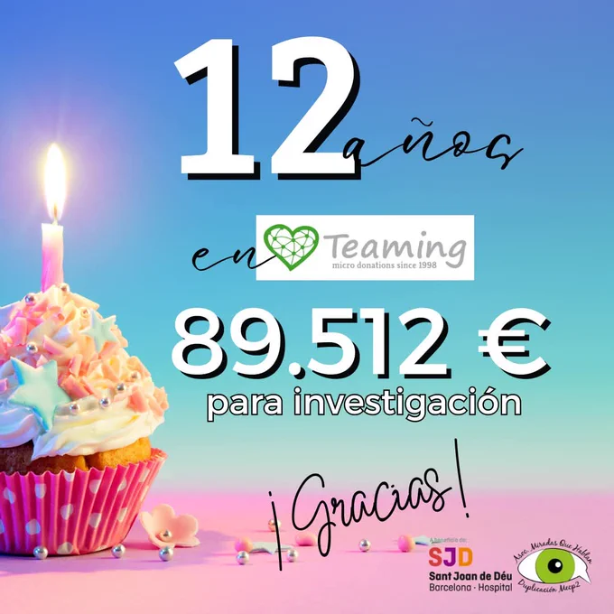 Foto de una magdalena decoradas con nata blnaca, estrellas azules y bolitas plateadas. Tiene una vela rosa encendida.

Puede leerse: 12 años en Teaming 
89512€ para investigación.
Gracias

Abajo a la derecha el logo de la asociación y del hospital Sant Joan de Déu