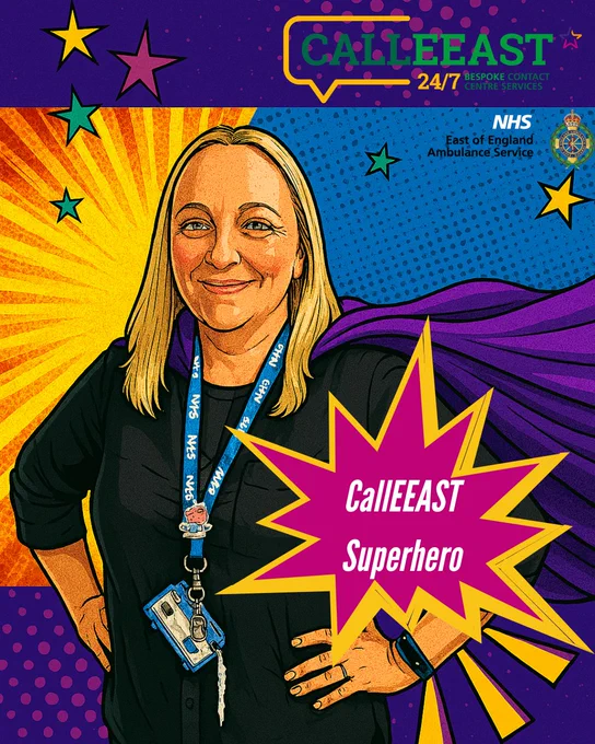 Healthcare worker wearing NHS lanyard posed as superhero with purple cape and comic-style background.