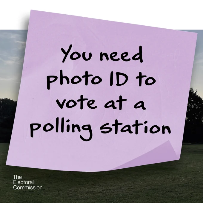 A sticky note reads: "You need photo ID to vote at a polling station". The Electoral Commission logo is visible.