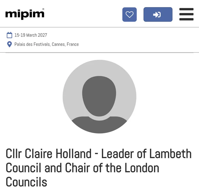 A screenshot of the MIPIM website showing Claire Holland as attending the 2027 conference 