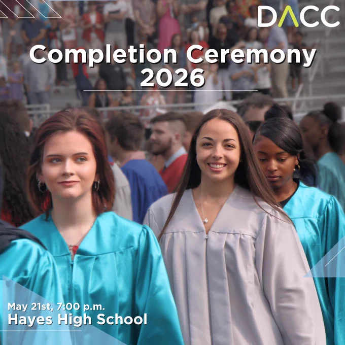 Three young women in graduation gowns walking together, smiling at the camera. "Completion Ceremony 2026" text overlaid on the image.