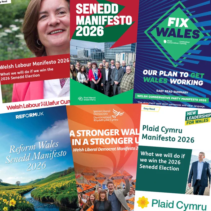 A collage of the political party manifestos for the Senedd Election 2026.