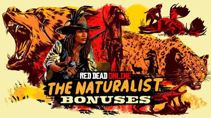 Red Dead Online, The Naturalist Bonuses Poster featuring artwork of a Red Dead Online character surrounded by a montage of wildlife and hunting scenes. 