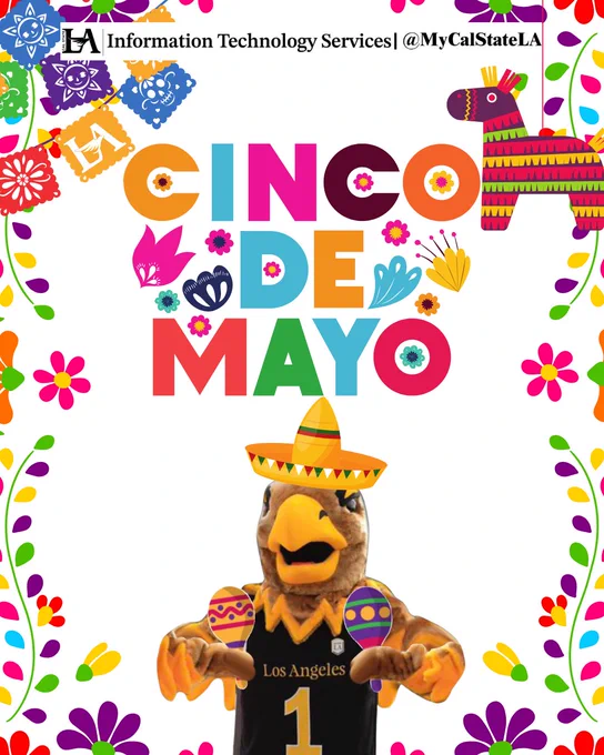 Colorful Cinco de Mayo text surrounded by festive flowers and a piñata, with a mascot of an eagle wearing a sombrero and holding maracas below.