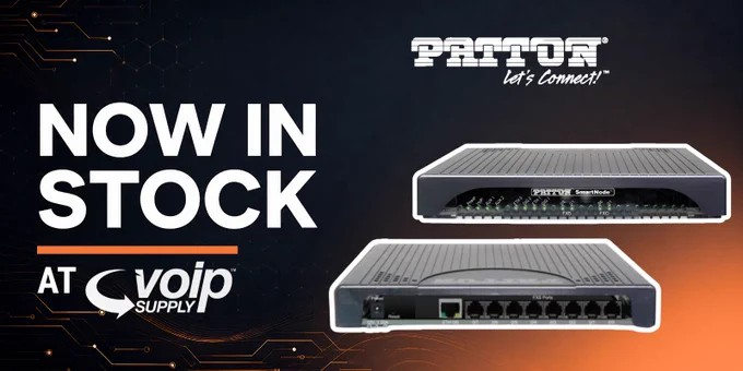 A professional promotional graphic with a dark, orange-circuit-board patterned background and a square aspect ratio.  Prominent text on the left in white and orange reads: 'NOW IN STOCK AT VoIP SUPPLY'.  In the upper right corner is the 'PATTON' logo with 'Let's Connect!™' text below it.  The center of the image displays two stacked, rack-mountable Patton SmartNode networking appliances.  Upper Unit: Depicted at an angle, showing its front face with numerous illuminated green status LEDs and 'PATTON SmartNode™' text.  Lower Unit: Shown front-facing, revealing a dense array of interface ports with clear labels such as WAN, VoIP, Console, and LAN, plus smaller LED indicators.  The overall look is clean, professional, and focused on product availability.