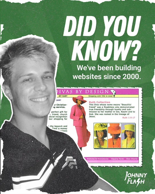 A promotional image highlighting website building services since 2000. Features a person smiling with vintage website design elements.