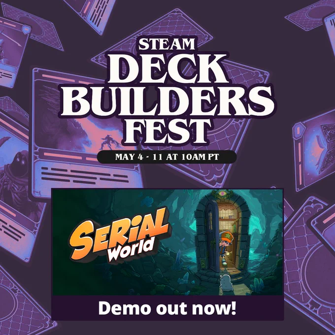Promotional image for the Steam Deckbuilders Fest, showing the key art for Serial World against a purple background of fantasy-themed playing cards.