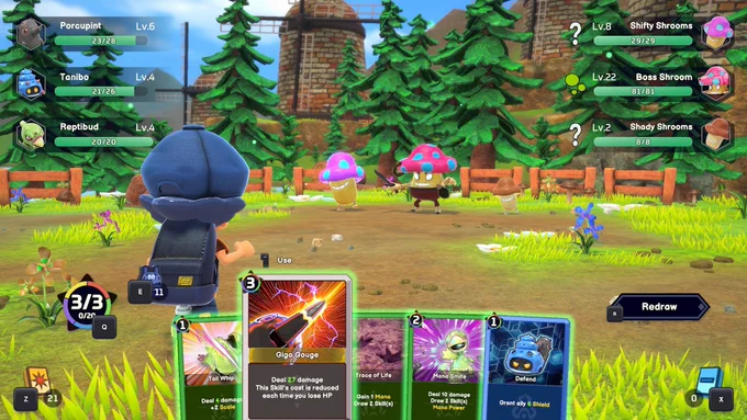 A screenshot from Serial World showing the protagonist, Milo, facing off against three mushroom-themed enemies labeled as Shifty Shroom, Boss Shroom, and Shady Shroom.