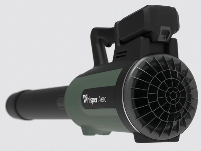 A sleek, modern handheld leaf blower branded “Whisper Aero,” shown in a dark green and black color scheme. The device has a cylindrical body with a front-facing circular intake grille featuring radial spokes, a rear battery pack mounted on top, and an ergonomic handle. The nozzle extends forward, and the overall design appears compact and industrial with smooth contours.