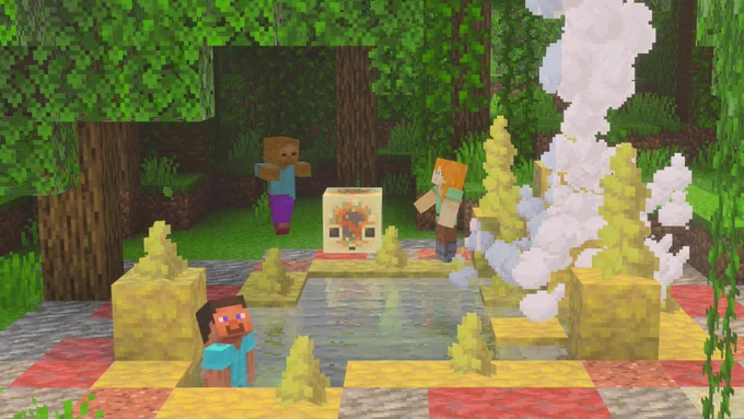 Image of Steve hanging out in the updated overworld sulfur springs. Behind is Alex hitting a magma sulfur cube into a zombie.