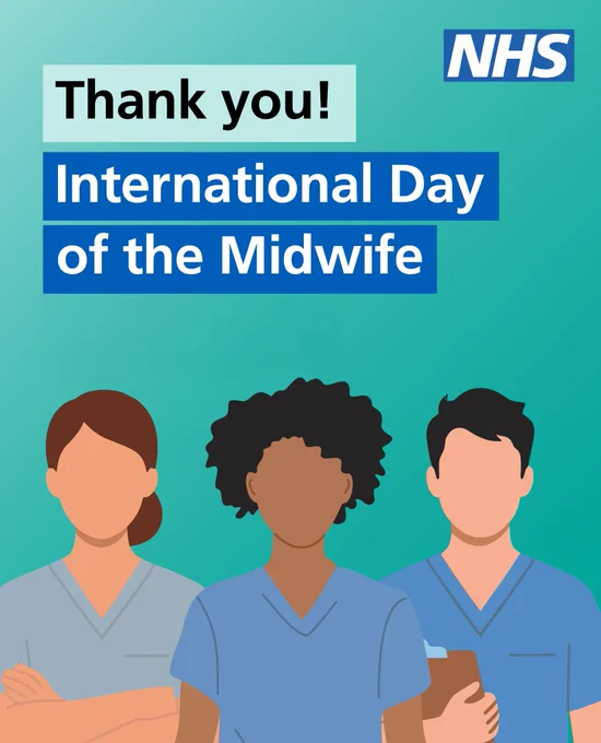 An illustration of three midwives is shown. Text: 'Thank you! International Day of the Midwife'.