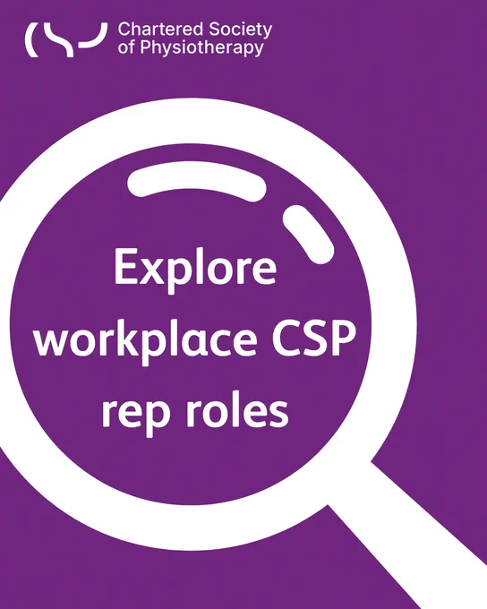 Purple graphic with a graphic of a magnifying glass. There is also the text ‘Explore workplace CSP rep roles’. 