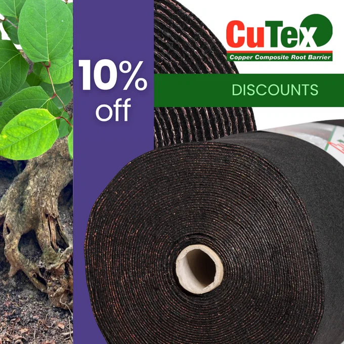 Foreground: roll of CuTex root barrier and the text: 10% off on a purple strip. The CuTex logo on a white bacground and discounts on a green stripe. Background: Japanese knotweed leaves, tree roots and close up of CuTex root barrier