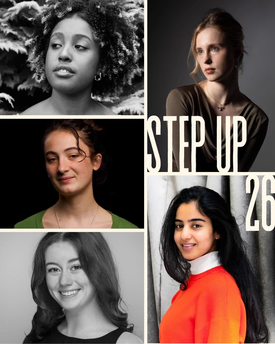 Collage of five headshots with the words step up 26 written over them in cream. 