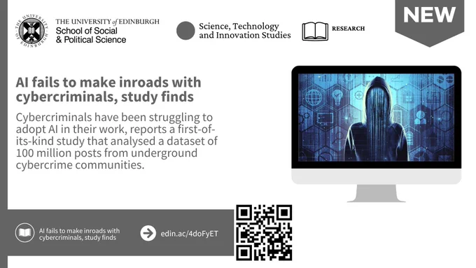 A figure in a hooded sweatshirt stands centered against a patterned digital background, with vertical lines obscuring any facial features. The person is in a waist-up shot. The digital background consists of various technology-related icons within hexagons. The mood is moody and intense, and the overall color scheme emphasizes shades of blue.

Text reads: AI fails to make inroads with cybercriminals, study finds. 
Cybercriminals have been struggling to adopt AI in their work, reports a first-of-its-kind study that analysed a dataset of 100 million posts from underground cybercrime communities. 

