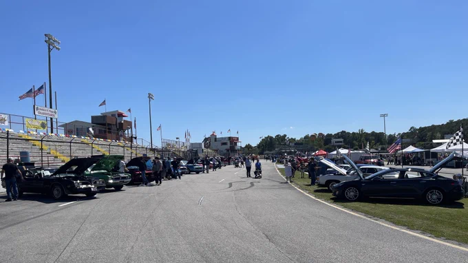 Sunday, May 3, 2026, Carteret County Speedway near Swansboro, NC.  Pictured are the vehicles enteries for the Rise of River Moon 1st Annual Powwow & Car Show. Line up started in the southeast turn and then progressed along the east side straightaway.
