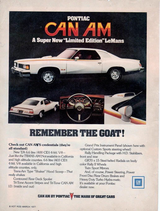 Pictured is a full page ad for the 1977 Pontiac LeMans Can Am in the March 1977 issue of Hot Rod magazine.