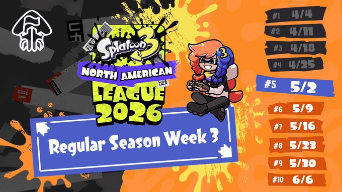 Article header with the Splatoon 3 North American League 2026 logo in the center, with text reading, "Regular Season Week 3". A list of dates on the right marks every Saturday between April 4 and June 6, 2026.
