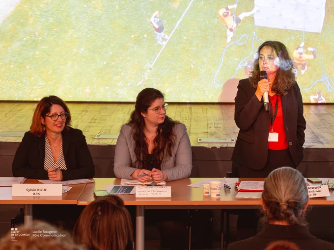 Trois femmes sont assises derrière une table lors d'une conférence ou d'une réunion. La secrétaire générale, Nicole Chabannier parle dans un micro. Les deux autres prennent des notes ou écoutent attentivement. Des étiquettes avec leurs noms et fonctions sont posées devant elles. En arrière-plan, une grande projection montre une image aérienne de personnes sur une pelouse, reliées par des cordes. L'ambiance est professionnelle et studieuse.