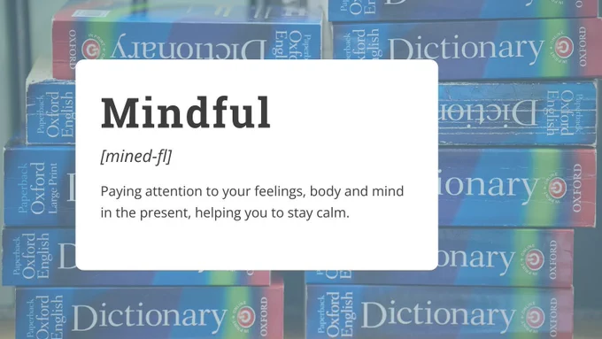 Digital graphic with a faded background of a stack of dictionaries. In the centre is a white textbox that has the title 'Mindful' in large black letters. Underneath is the pronunciation '[mined-fl]' in smaller letters and below that is the definition 'Paying attention to your feelings, body and mind in the present, helping you to stay calm.'