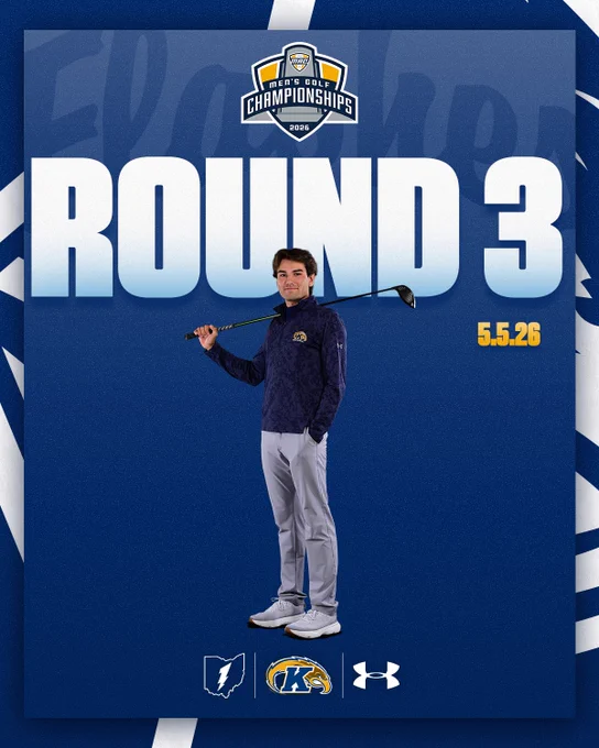 Round 3 graphic for the 2026 MAC Men's Golf Championships on 5.5.26, featuring Kent State golfer James Newton in a navy Kent State quarter-zip and gray pants, holding a driver across his shoulders.