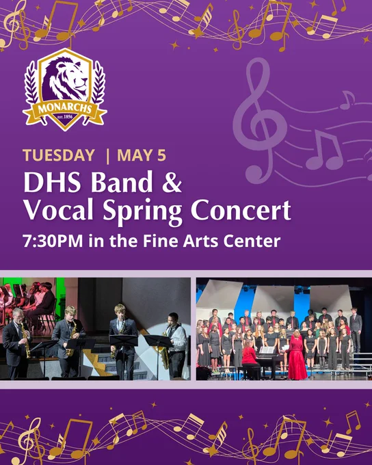 Denison logo with details for May 5 band and vocal spring concert at 7:30PM in Fine Arts Center on purple background.